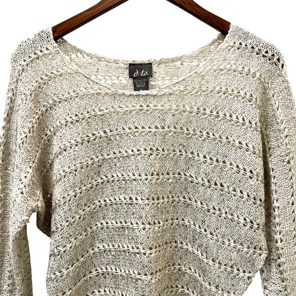 Dots  Crochet Open Knit Sweater Cream Silver Sequins Size Medium - Picture 2 of 10